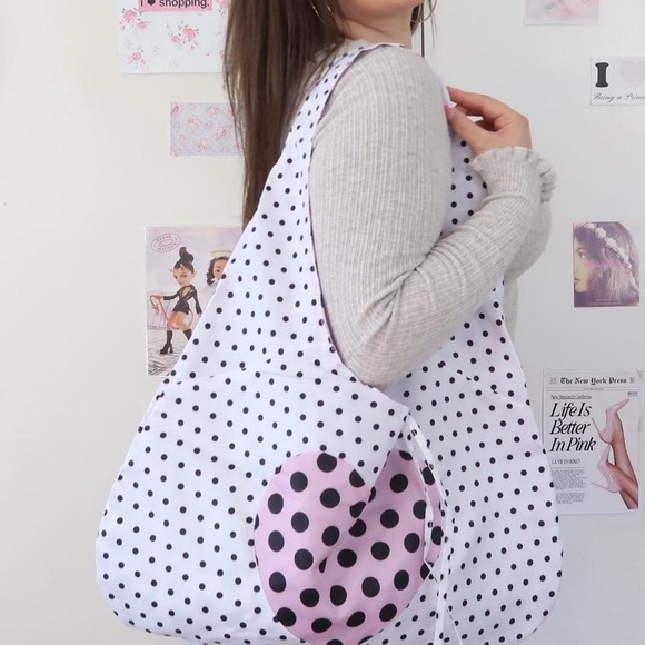 Polka Dot Tote Bag With Pink Heart Detail - Picture 6 of 6